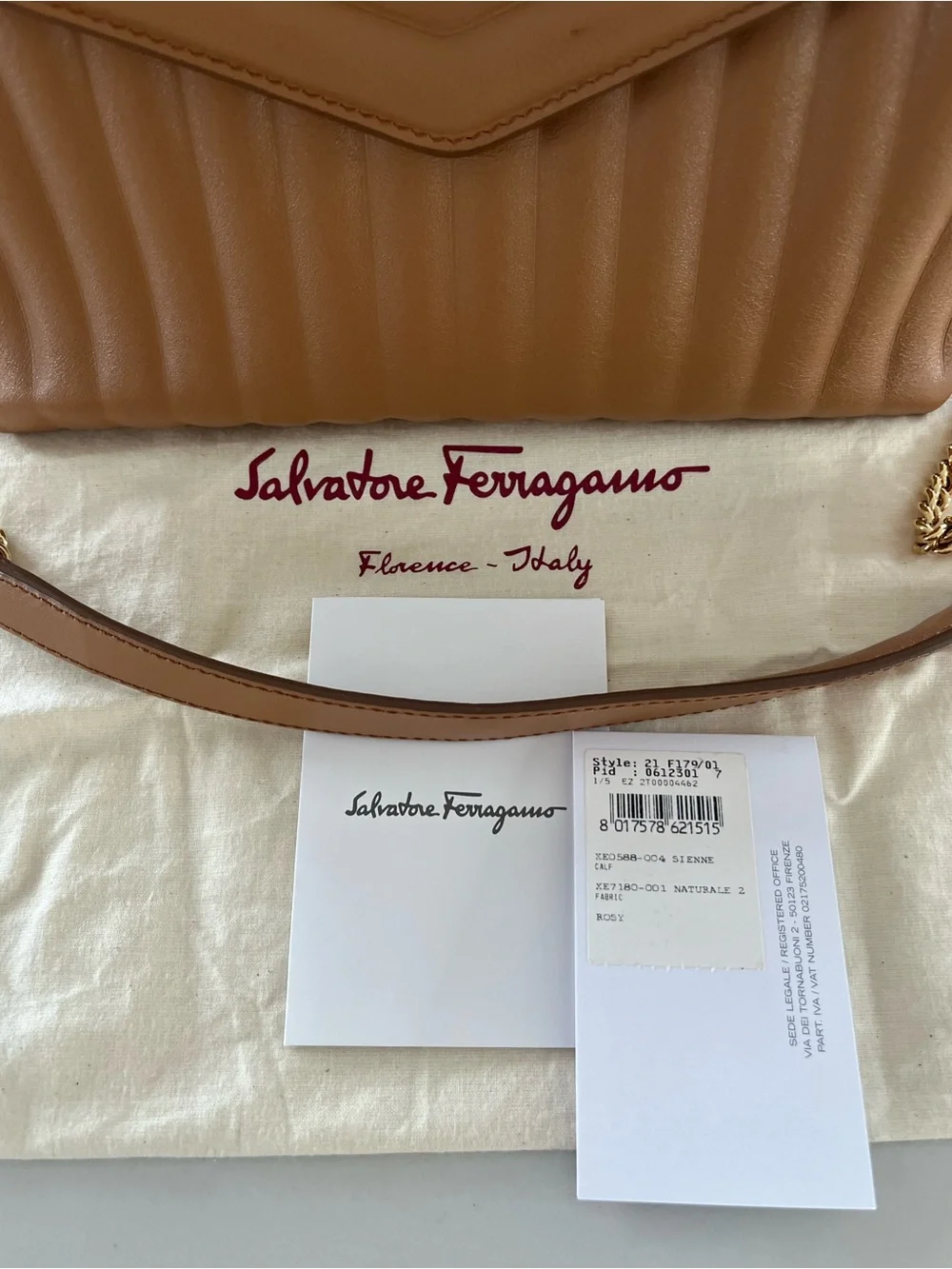 Salvatore Ferragamo Quilted Calfskin Flap Chain Shoulder Bag in Sienne Tan Camel